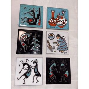 Vtg Lot (6) Mixed Cleo Teissedre Tile Trivet Coasters Southwest Kachina Pots NEW